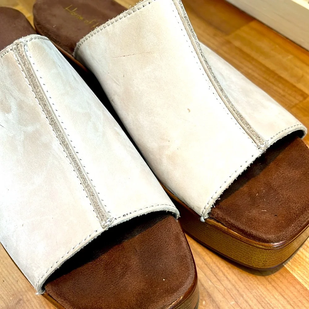 House of Harlow 1960 Griffin Ivory Leather Chunky Platform Brown Slide Sandals - Picture 9 of 14